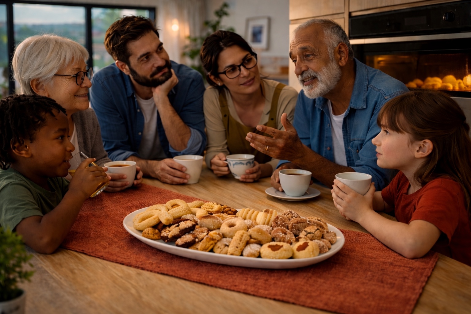 Family sharing coffee and Italian biscuits around the table