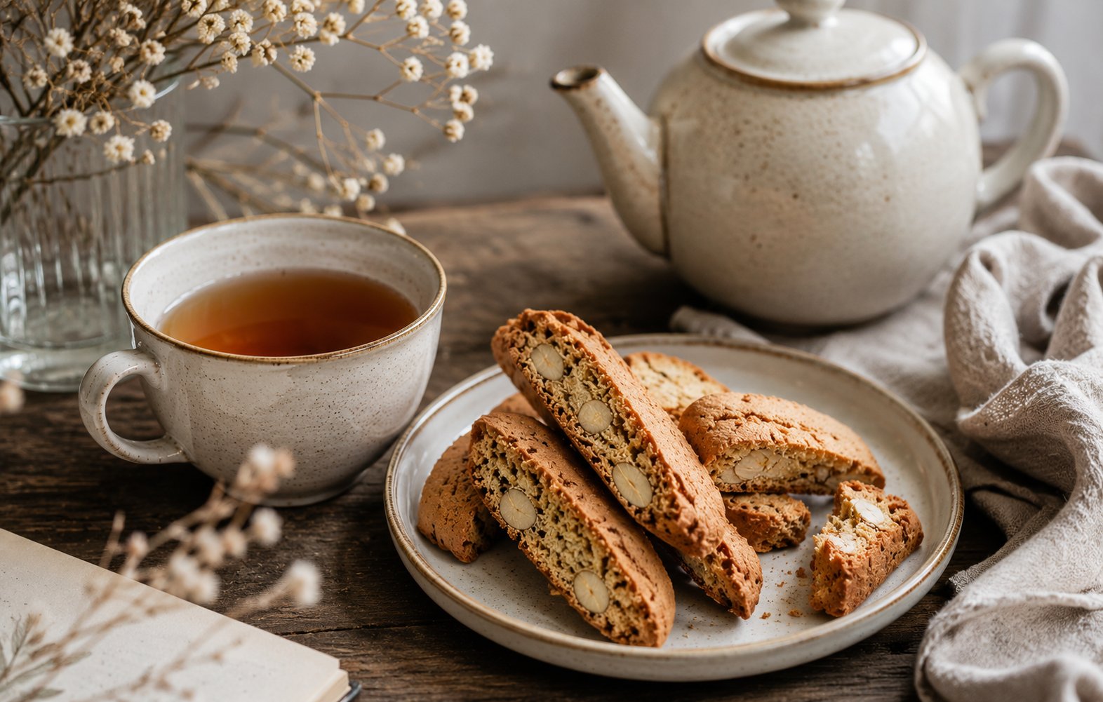 Tea served with biscotti on a ceramic plate